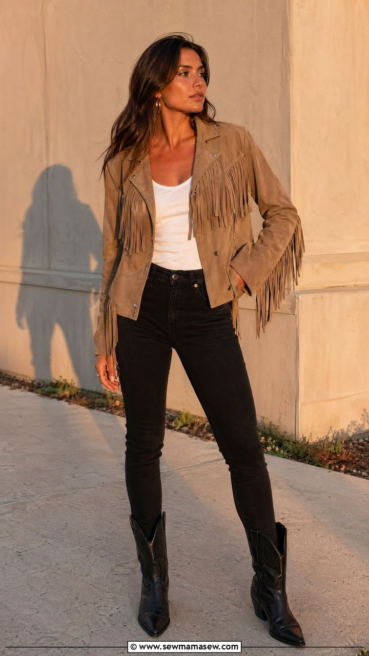 Suede Fringe Jacket with Skinny Jeans and Pointed Boots - 35 Western chic outfit ideas