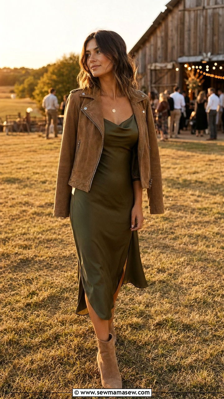 Suede Jacket Over a Slip Dress - 30 Barn wedding guest outfit ideas