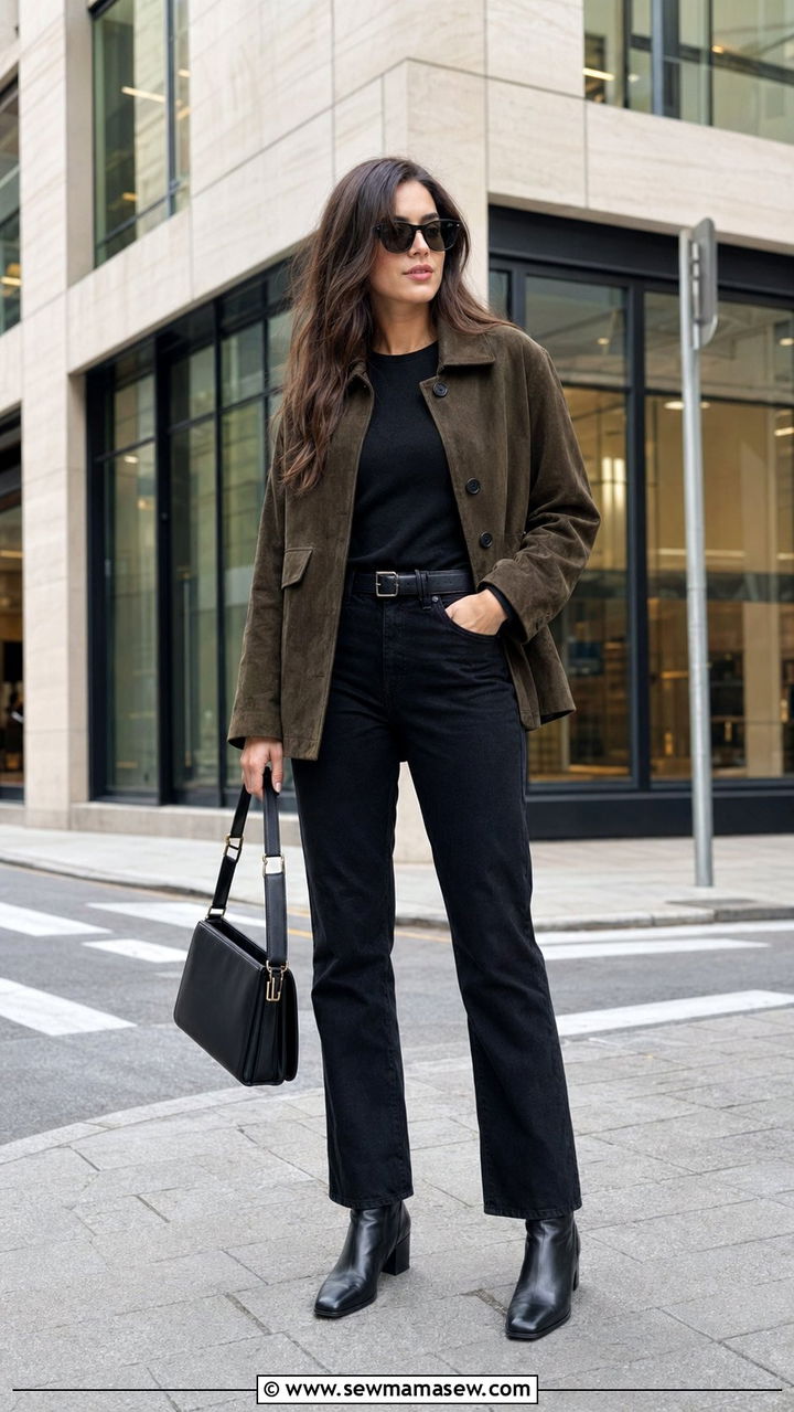 Suede Jacket With Black Jeans And Long Sleeve Tee - 30 Windy day outfit ideas