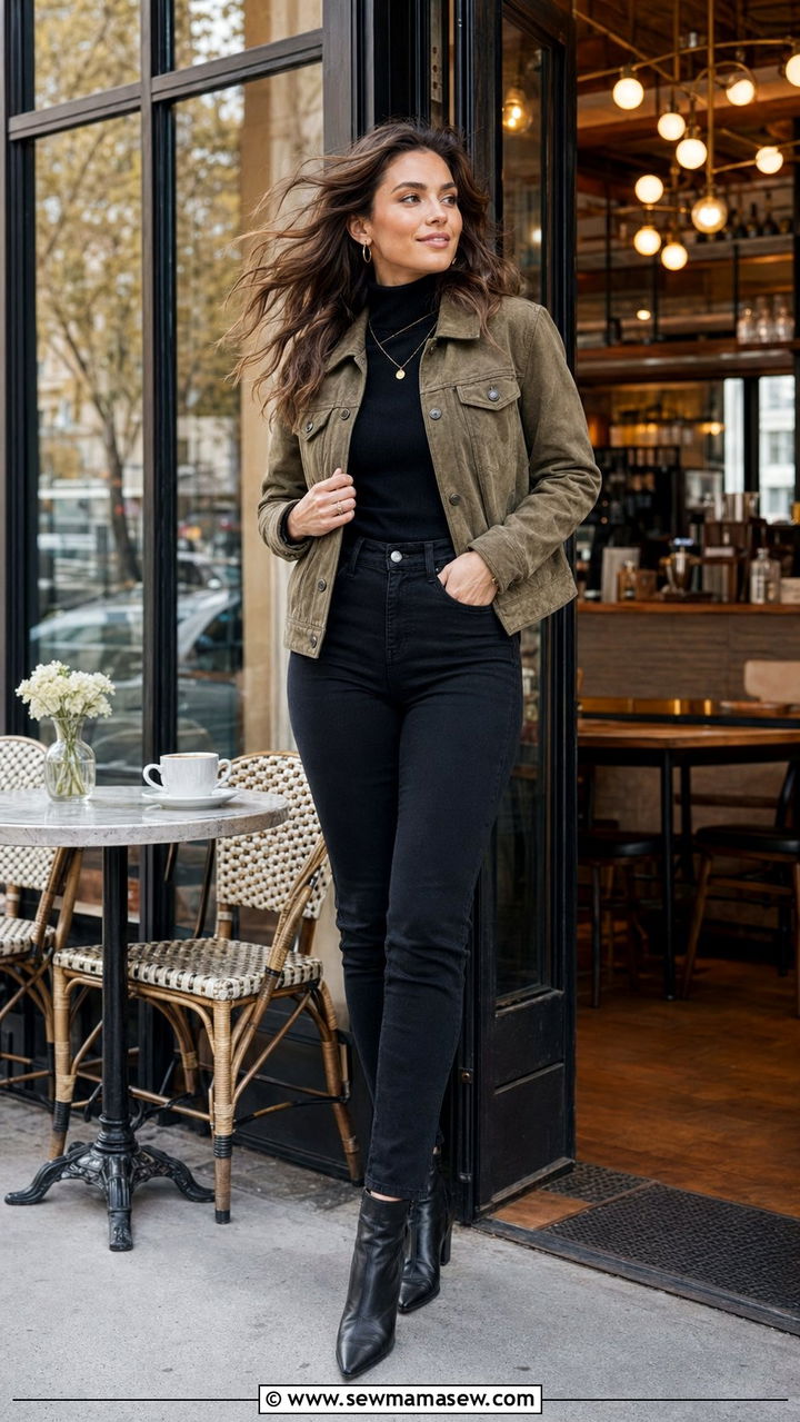 Suede Jacket With Black Jeans - 30 windy day outfits Pinterest