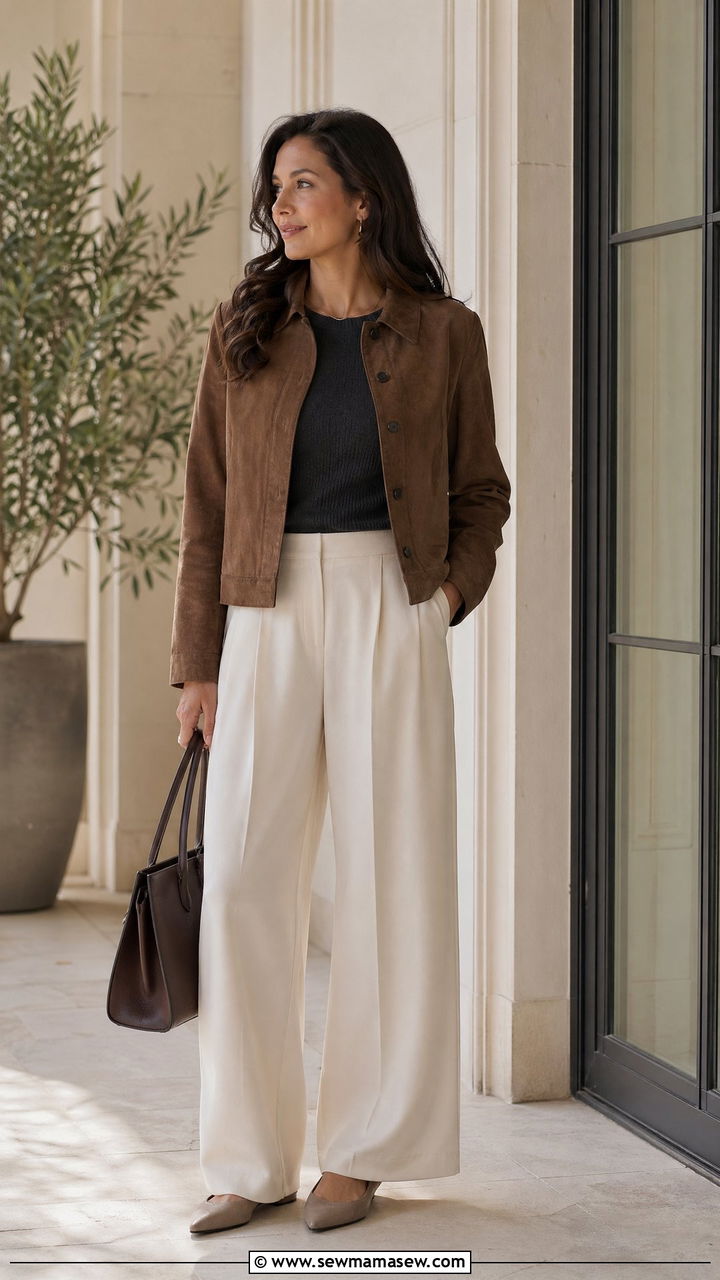 Suede Jacket With Cream Trousers And Dark Top - 35 spring quiet luxury outfit ideas