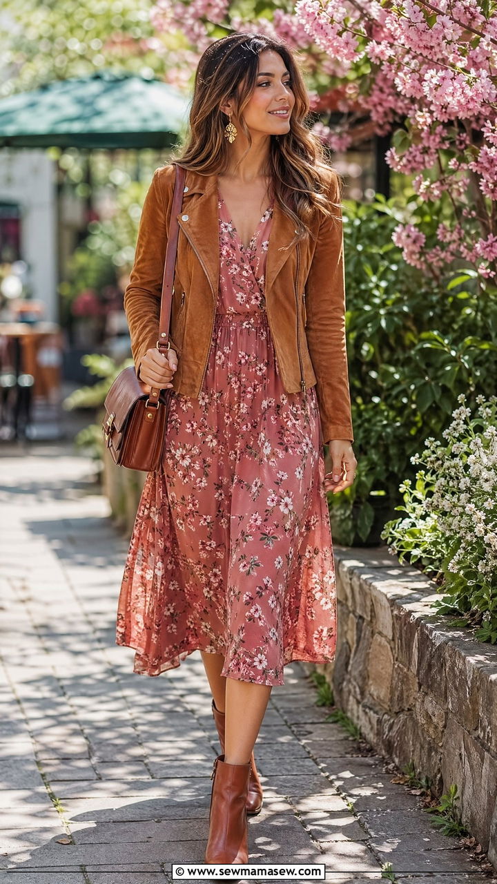 Suede Jacket With Floral Midi Dress and Ankle Boots - 35 transitional old money outfit ideas