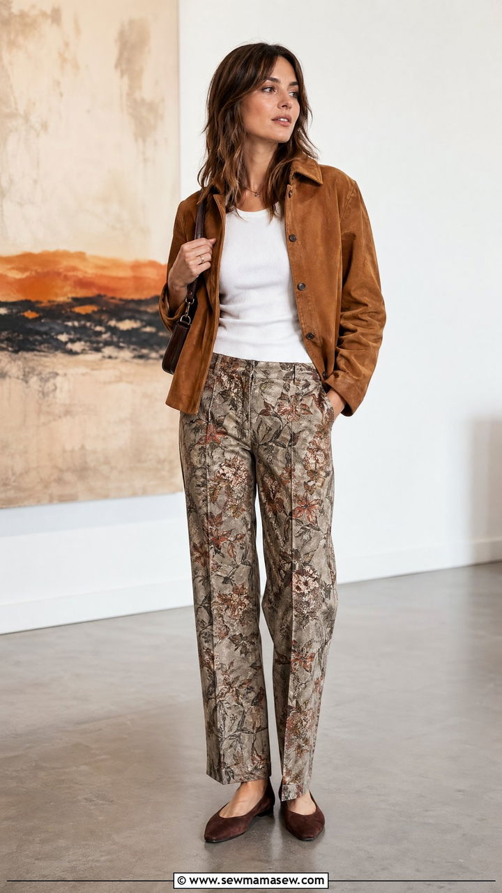 Suede Jacket With Patterned Trousers - 35 spring chic outfit ideas