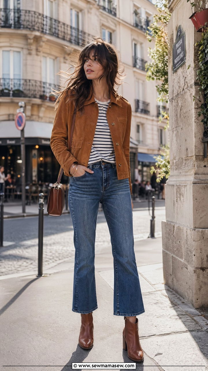 Suede Jacket With Striped Tee And Cropped Flare Jeans - 35 Windy spring outfits