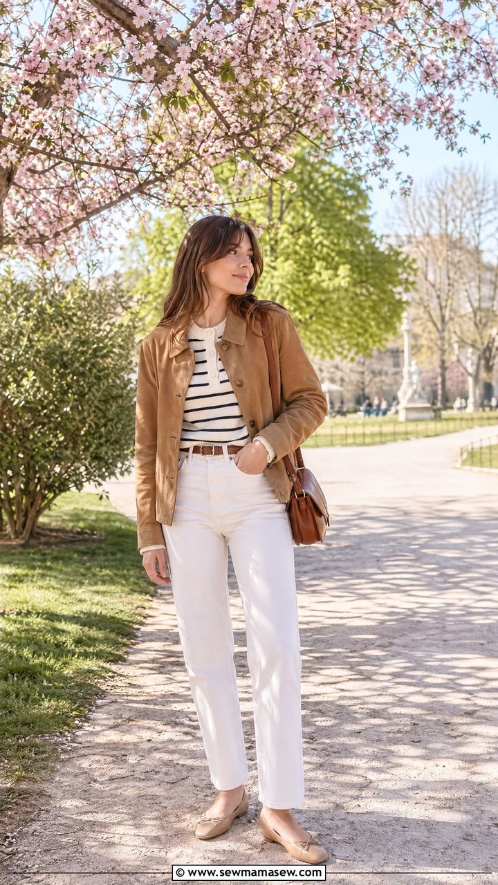 Suede Jacket With White Jeans and Striped Sweater - 35 spring french girl outfit ideas