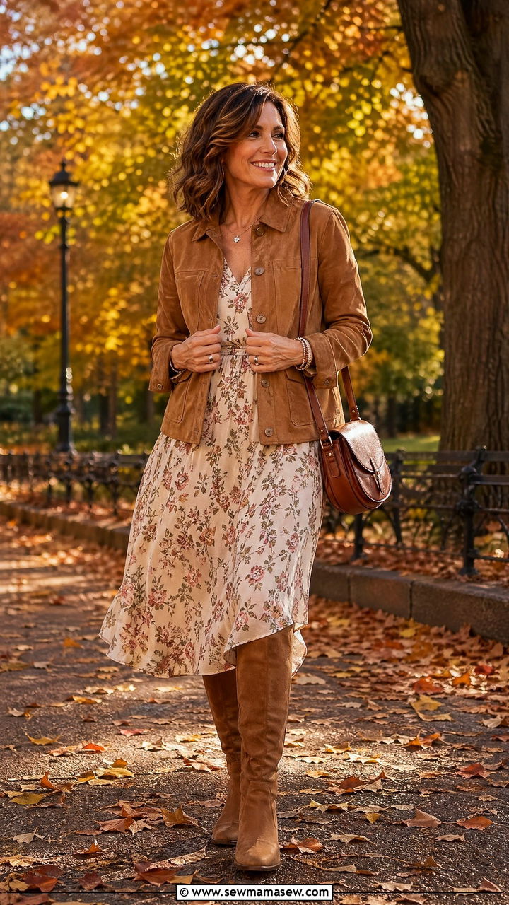 Suede Jacket With a Flowy Dress - 35 Chic outfit ideas for women over 40