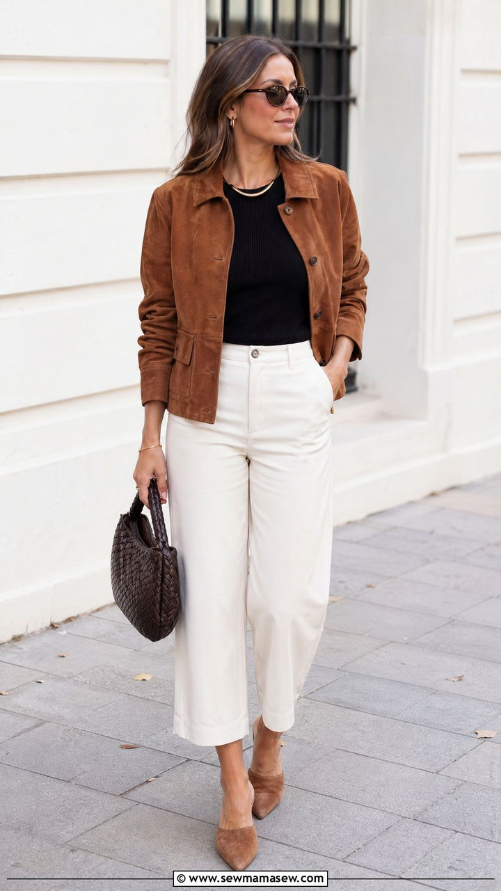 Suede Jacket and Cropped Wide Leg Trousers Outfit - 35 transitional classy outfit ideas