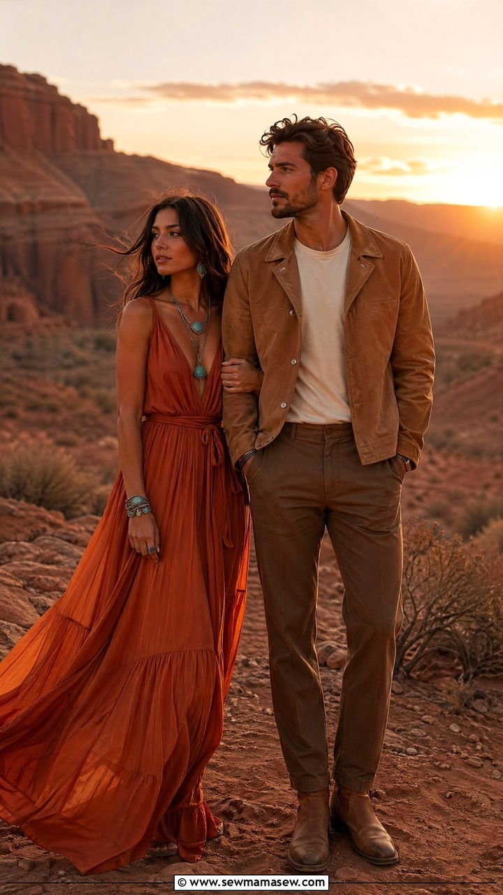 Suede Jacket and Flowy Dress Desert Bohemian Couple Outfit - 35 Couples photoshoot outfit ideas