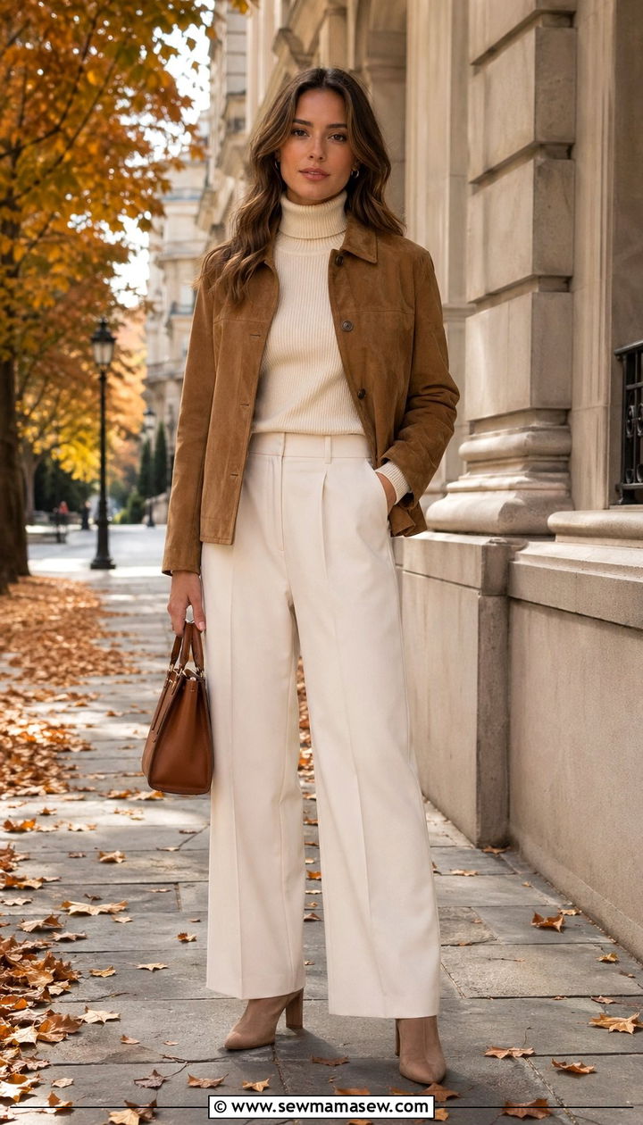 Suede Jacket and Turtleneck with Wide Leg Pants Outfit - 35 Old money outfits 2026