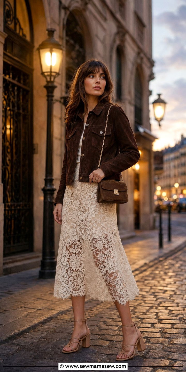 Suede Jacket with Lace Midi Skirt - 35 Parisian travel outfits