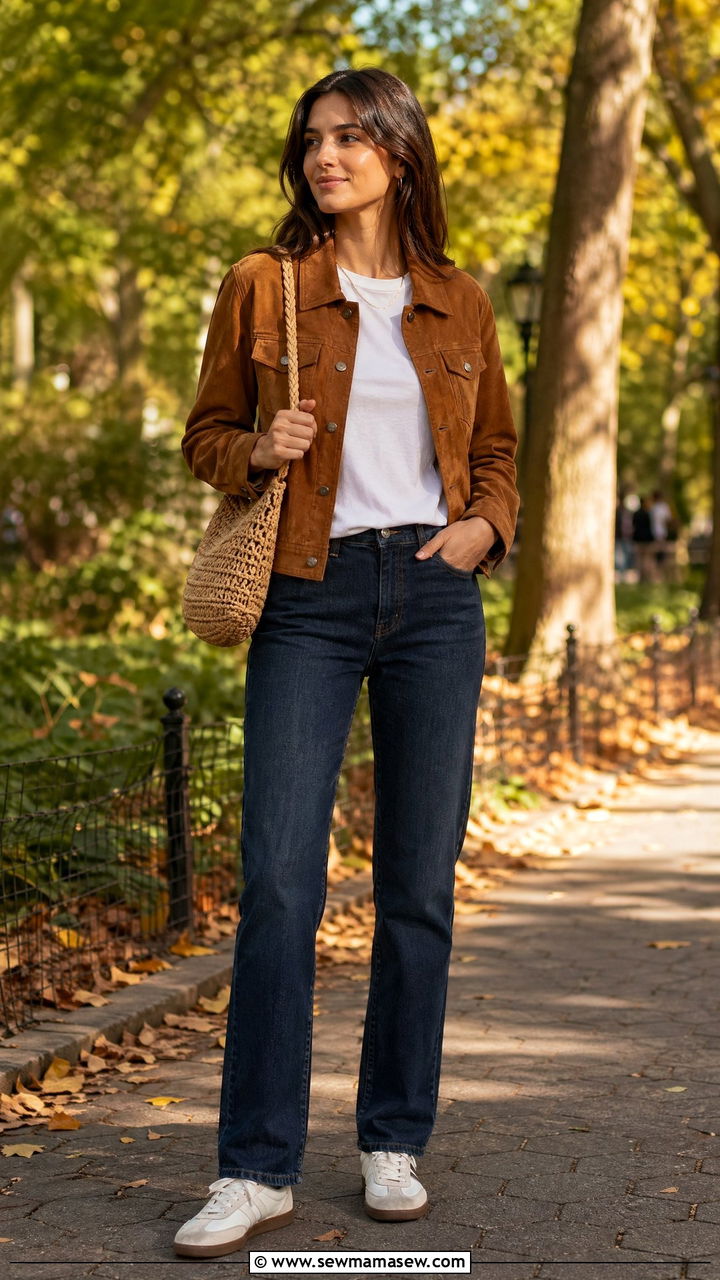 Suede Jacket with T Shirt and Straight Leg Jeans - 35 transitional outfits casual