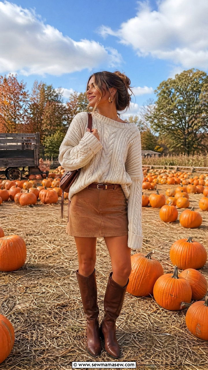 Suede Mini Skirt with Chunky Knit Sweater and Tall Boots - 35 Western chic outfit ideas