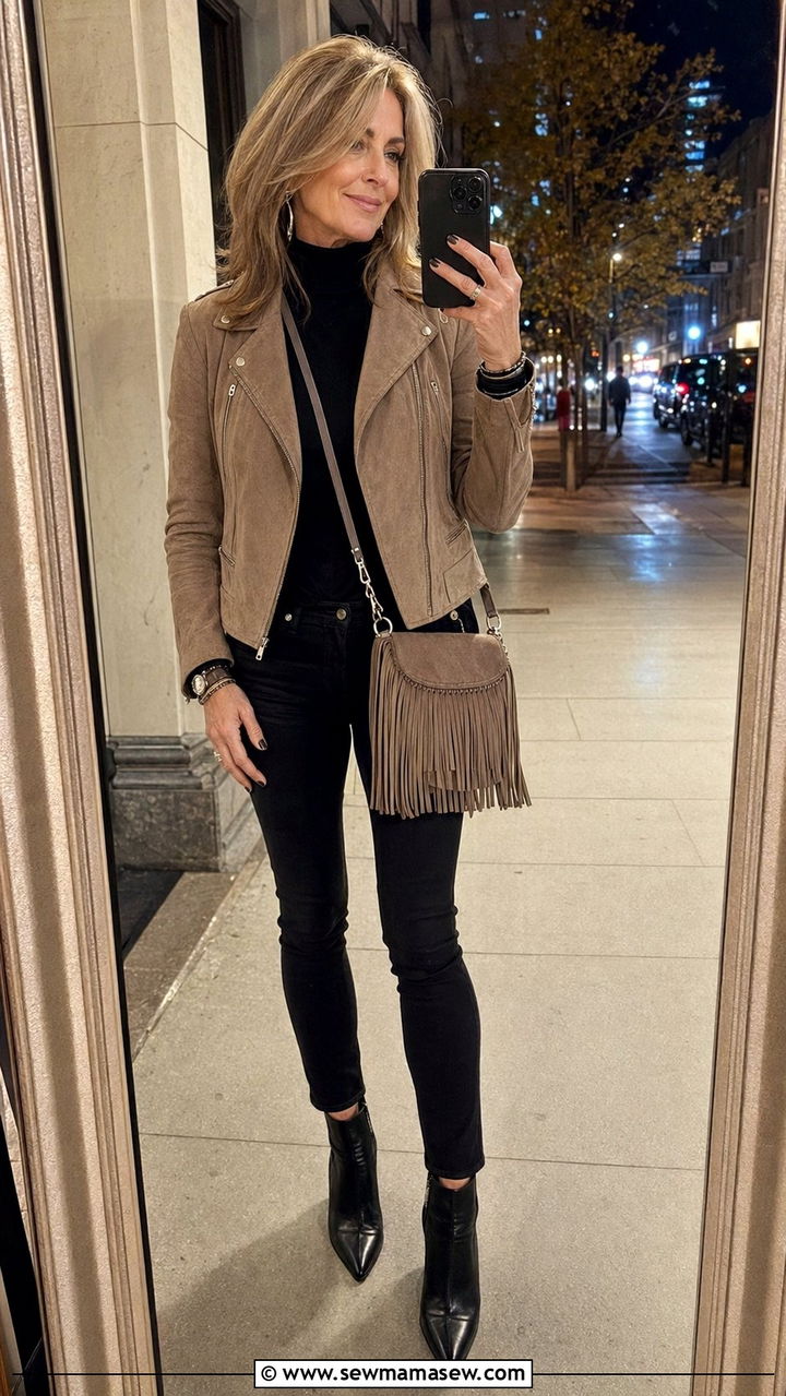 Suede Moto Jacket With Black Skinny Jeans - 30 Best jackets for women over 50