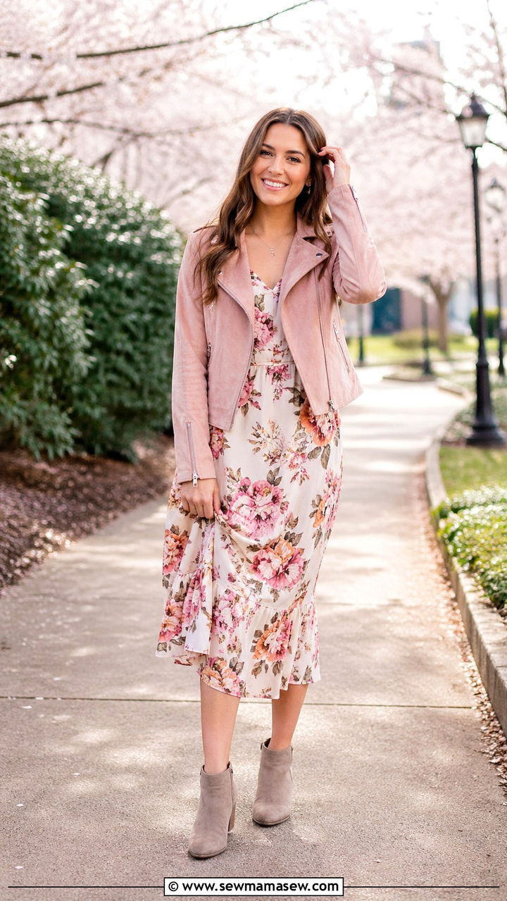Suede Moto Jacket with Floral Midi Dress and Ankle Boots - 30 Senior portrait outfit ideas 2026