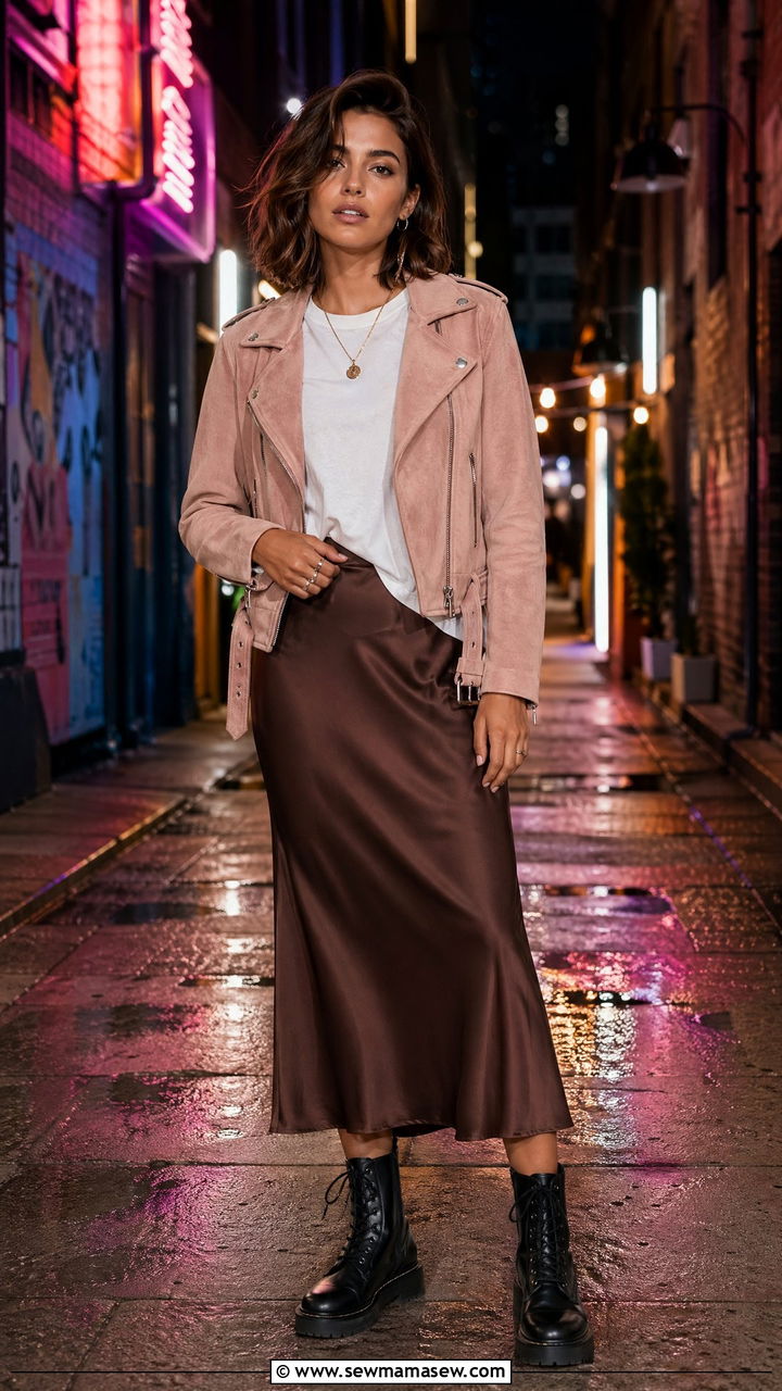 Suede Moto Jacket with a Slip Skirt and Combat Boots - 40 spring travel outfit ideas