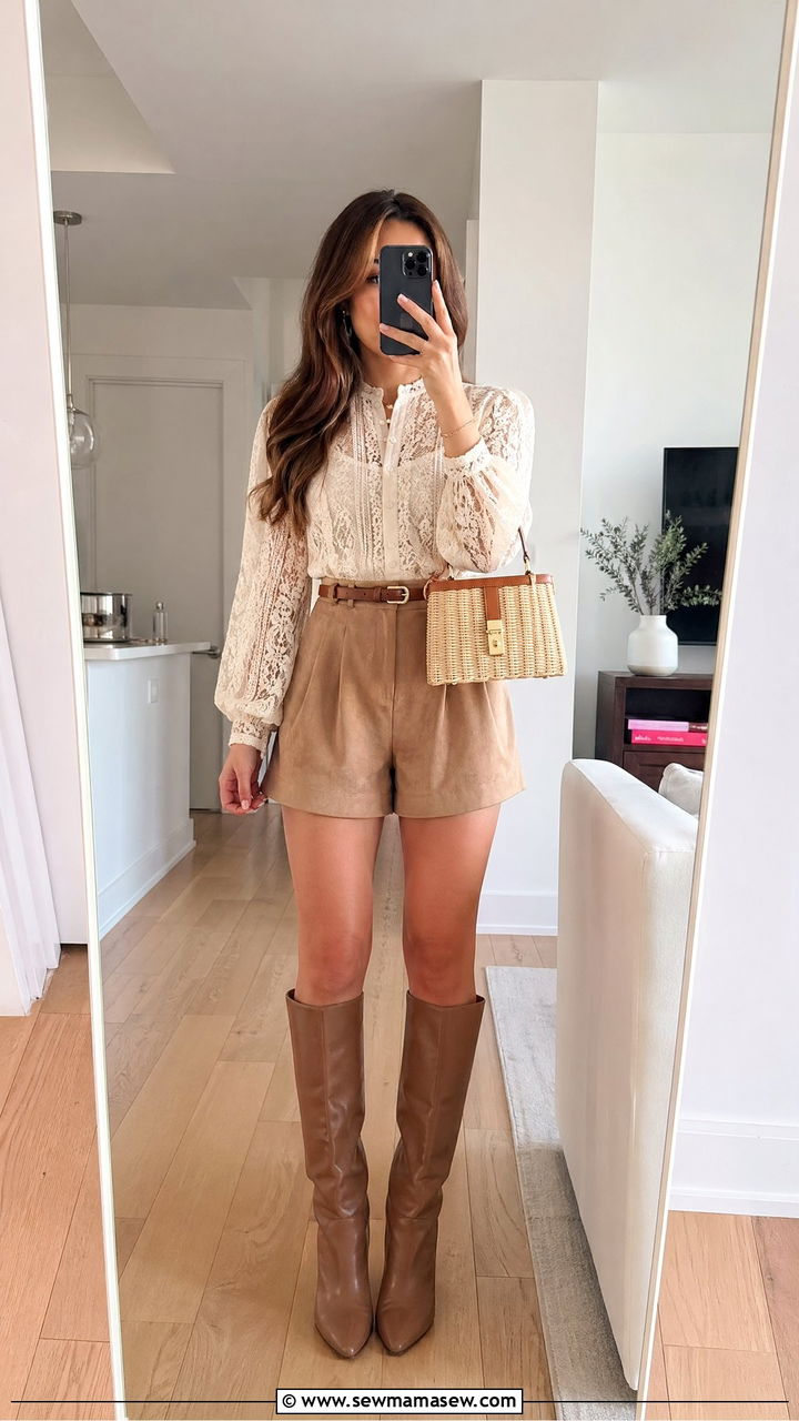 Suede Shorts With Lace Blouse - 35 spring boho chic outfit ideas