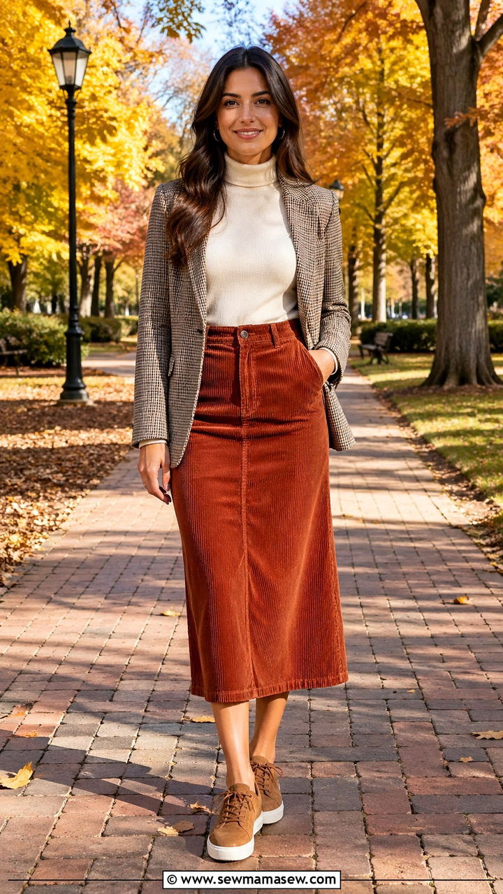 Suede Sneakers With Corduroy Skirt - 30 sneaker outfit ideas for women