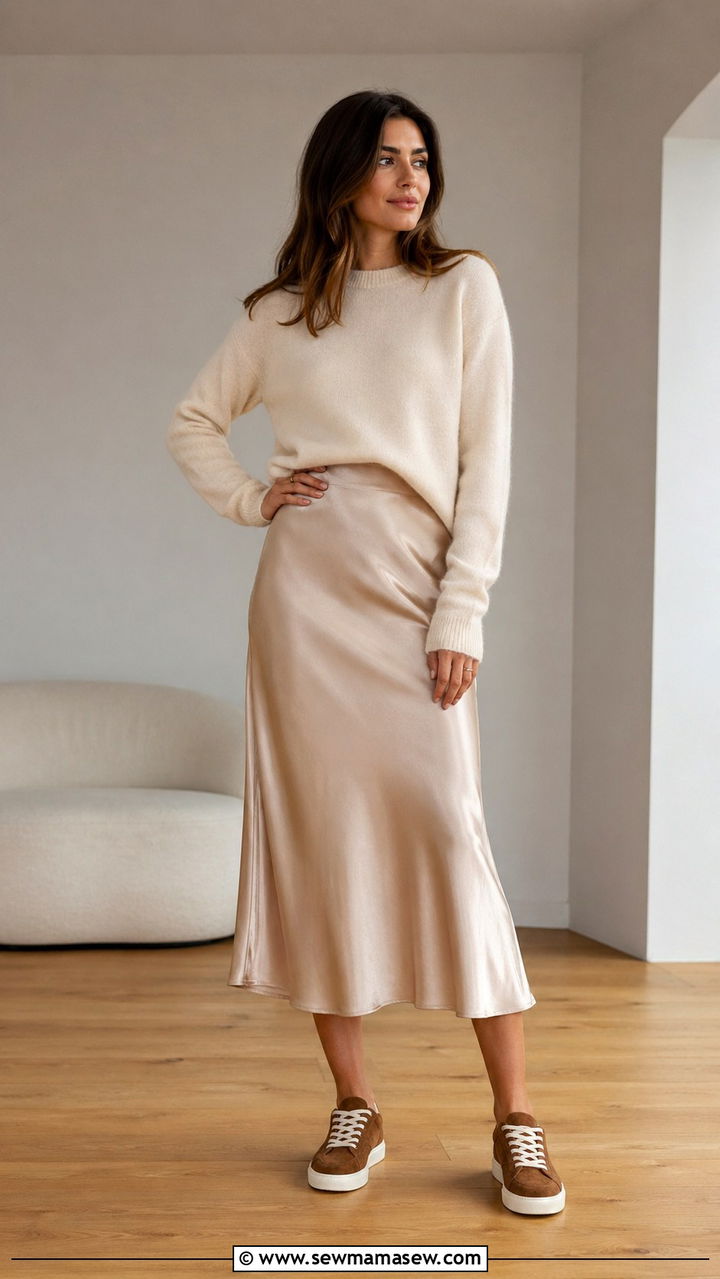 Suede Sneakers with Satin Skirt and Cashmere Sweater - 30 sneaker outfits ideas