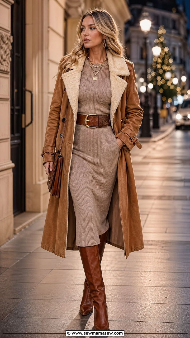 Suede Trench Coat With Knit Dress And Boots - 35 Western boho outfit ideas