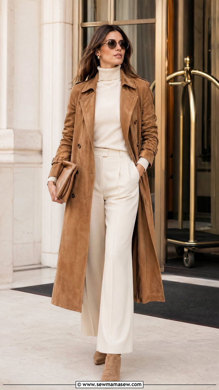 Suede Trench Coat With Tonal Neutral Layers - 40 trench coat outfits