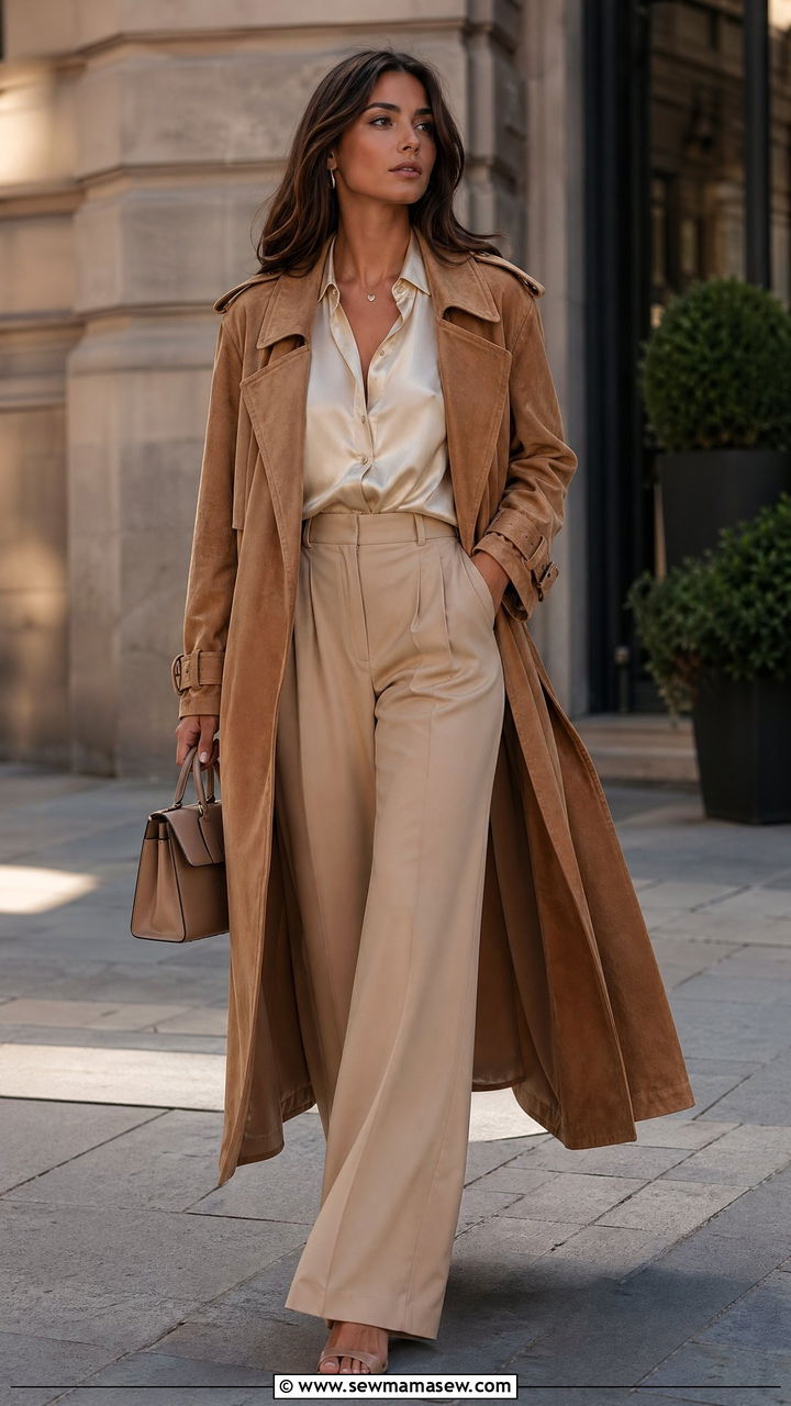 Suede Trench Coat With Wide Leg Trousers and Heels - 35 cute trench coat outfits