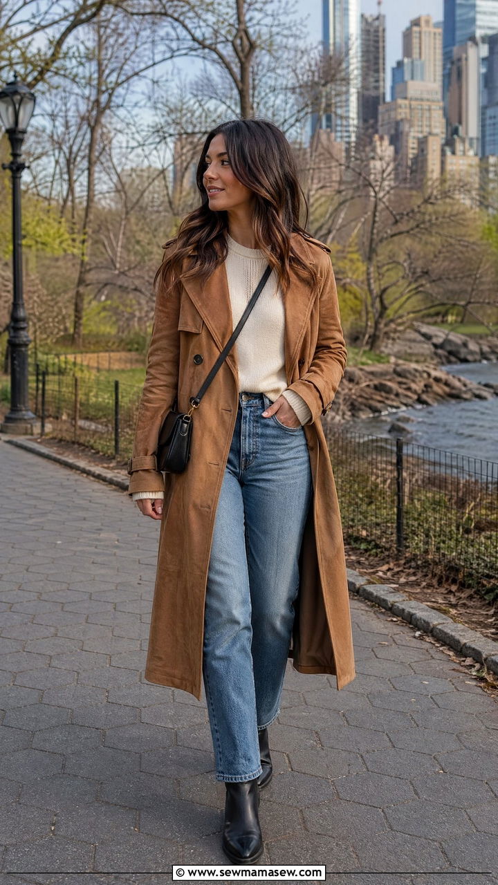 Suede Trench With Ankle Boots And Straight Leg Jeans - 35 Spring New York outfit ideas