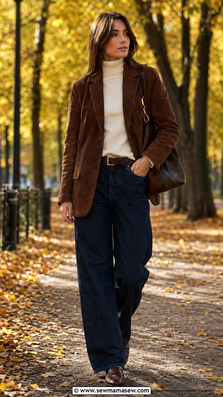Suede blazer and baggy jeans - 30 Baggy jeans outfit ideas with a blazer