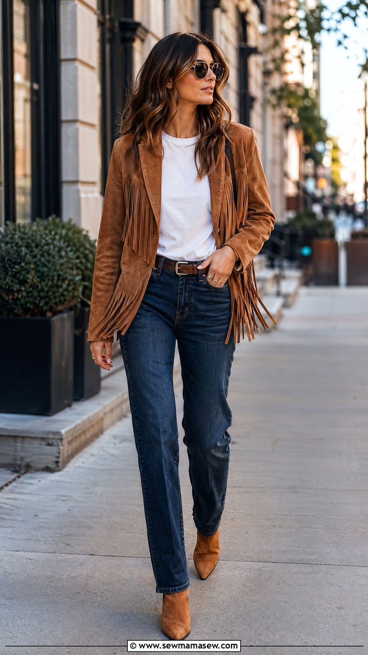 Suede fringe jacket with straight leg jeans - 35 transitional boho outfit ideas