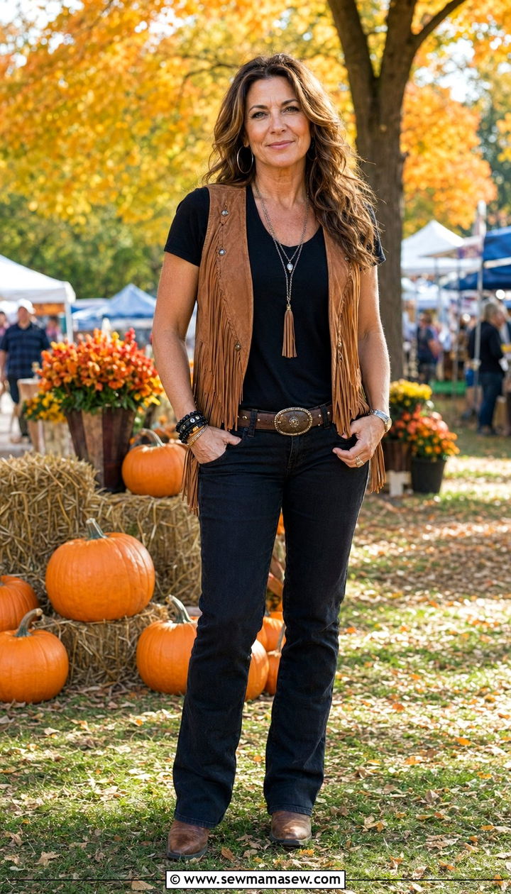 Suede fringe vest over black tee and dark jeans with boots - 30 Western outfit ideas for women over 40