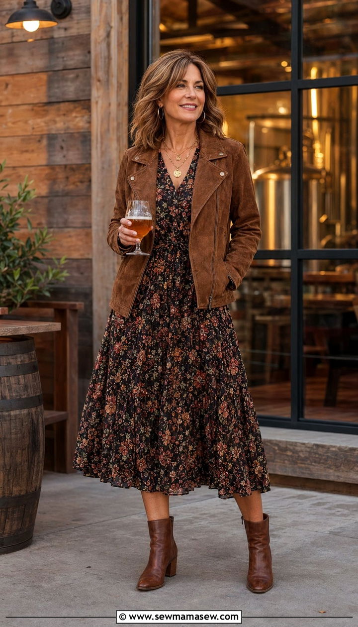 Suede jacket and floral midi dress outfit - 35 girls night out outfits for women over 40