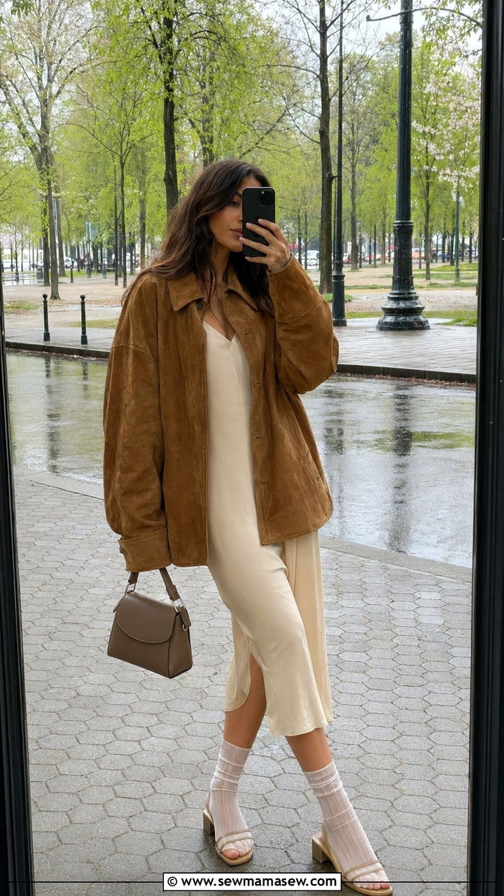 Suede jacket over a spring dress with heeled socks - 30 April showers outfit ideas