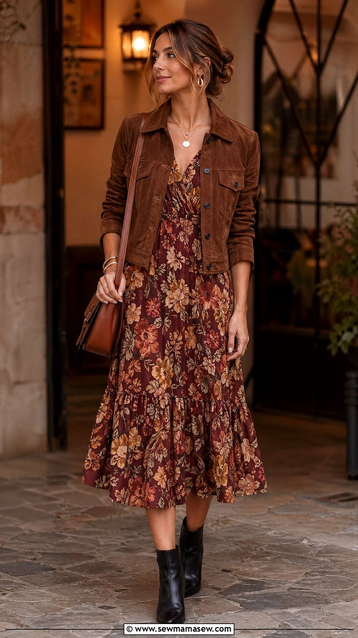 Suede jacket with a floral dress and ankle boots - 35 chic outfit ideas for women