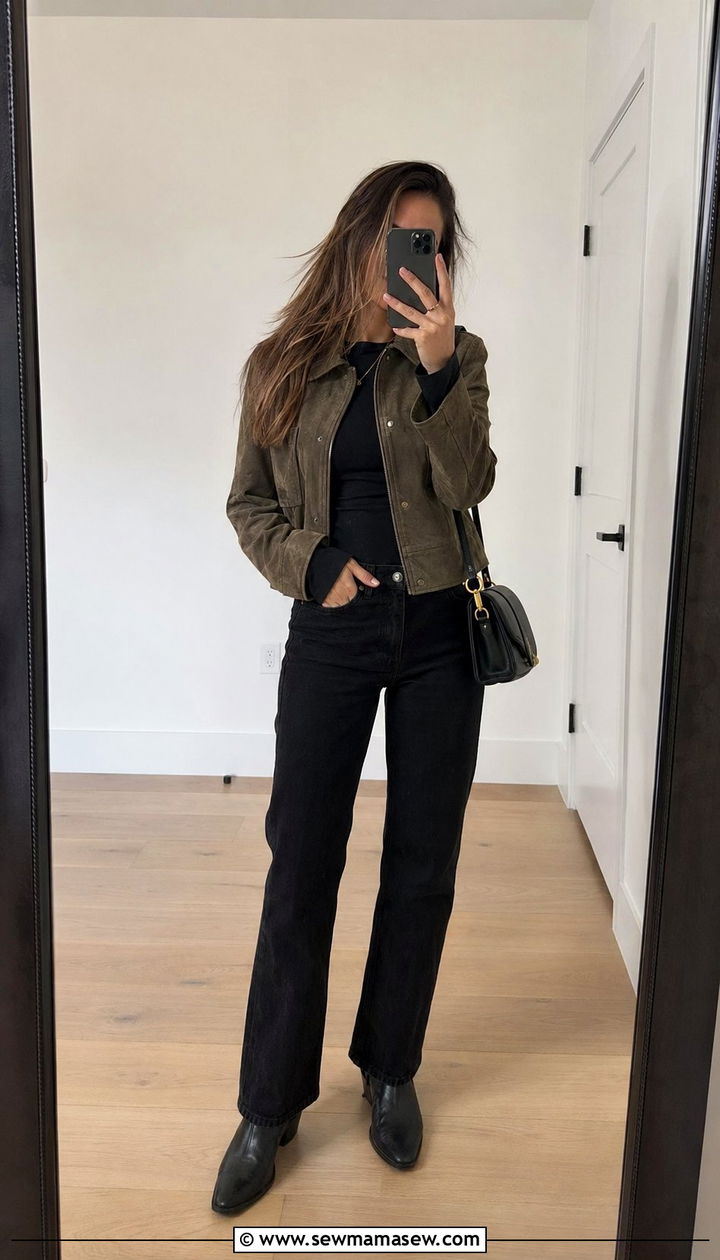 Suede jacket with black jeans and a long sleeve top - 30 windy day outfits inspo