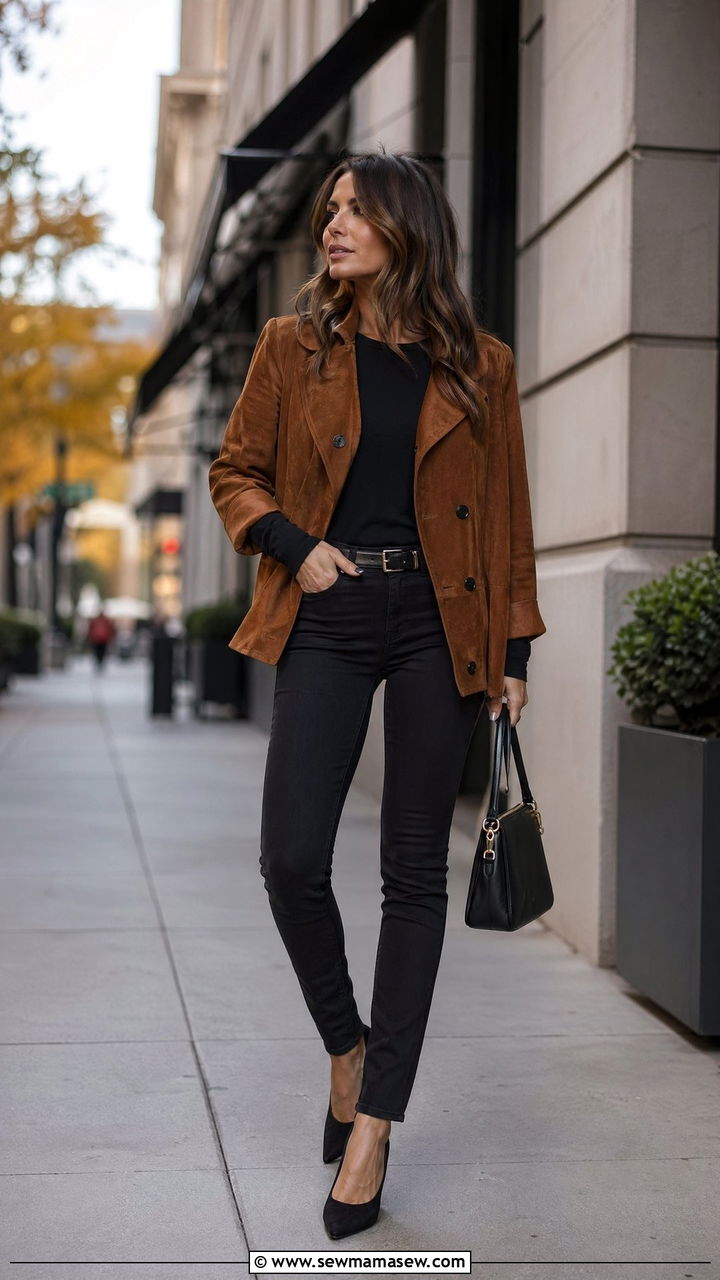 Suede jacket with black jeans and pointed toe heels - 35 Transitional wardrobe ideas