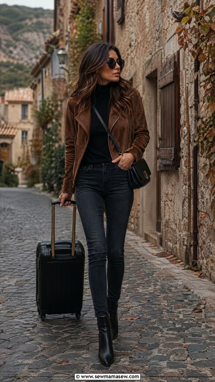 Suede jacket with black turtleneck and dark denim - 35 classy travel outfit ideas