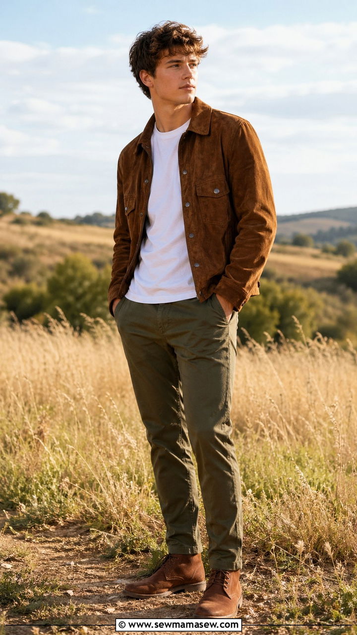Suede jacket with chinos senior photo - 30 Senior portrait outfit ideas guys