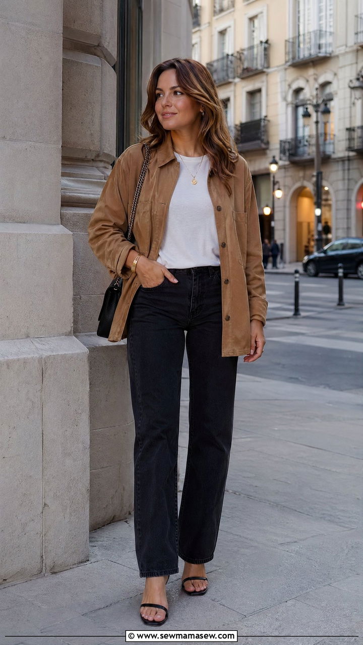 Suede jacket with white tee and black straight jeans - 35 spring easy outfit ideas