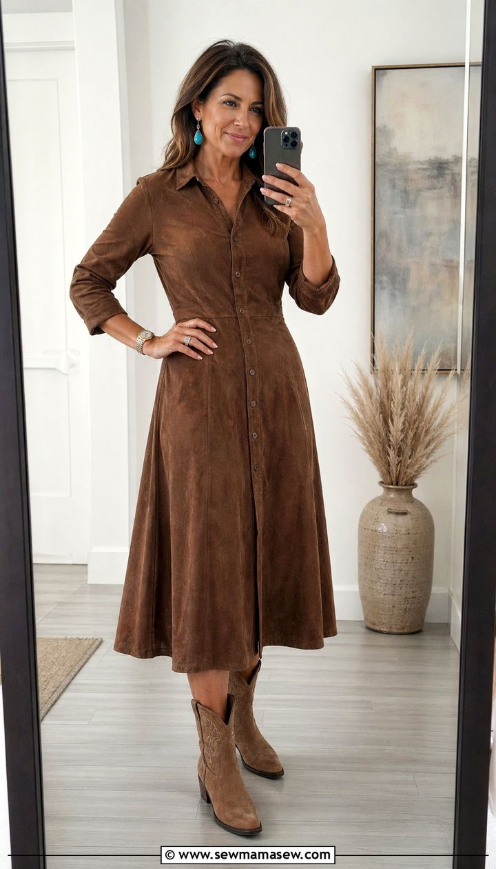 Suede midi dress with low heel cowboy boots and turquoise earrings - 30 Western outfit ideas for women over 40