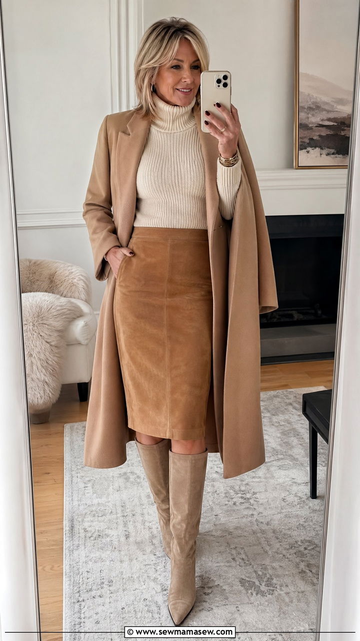 Suede pencil skirt with ribbed knit - 35 Skirt outfit ideas for women over 50