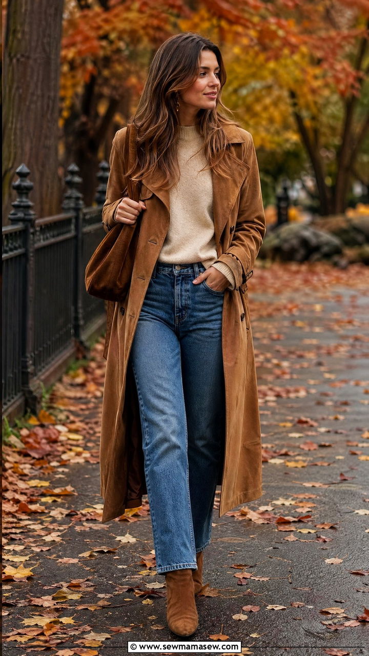 Suede trench coat with straight leg jeans and ankle boots - 35 trench coat outfits ideas