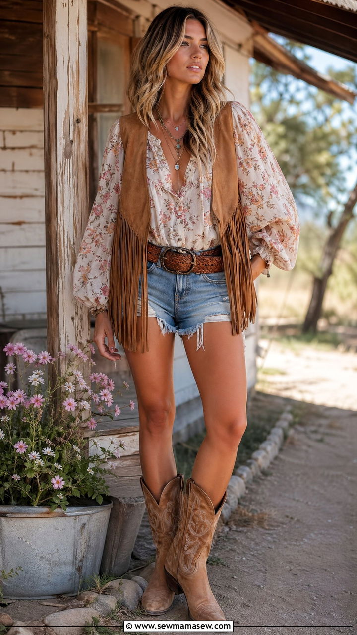 Suede vest with floral blouse outfit - 35 Western spring outfits