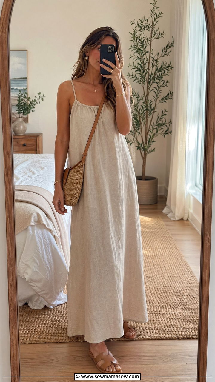 Summer Dinner Outfit with Linen Maxi Dress - 35 summer dinner outfit ideas