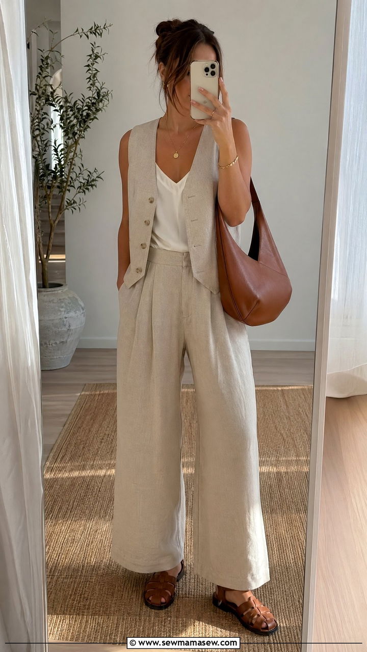 Summer Dinner Outfit with Linen Trousers and Cami - 35 summer dinner outfit ideas