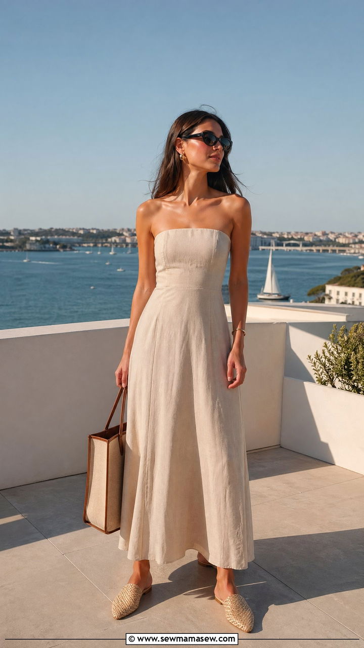 Summer Dinner Outfit with Strapless Linen Dress - 35 summer dinner outfit ideas