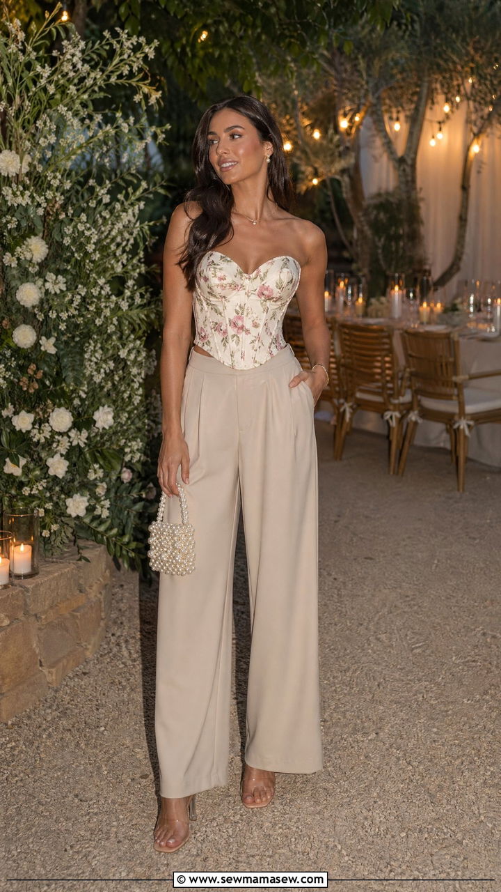 Summer Dinner Outfit with a Corset Top and Wide Leg Trousers - 35 summer dinner outfit ideas