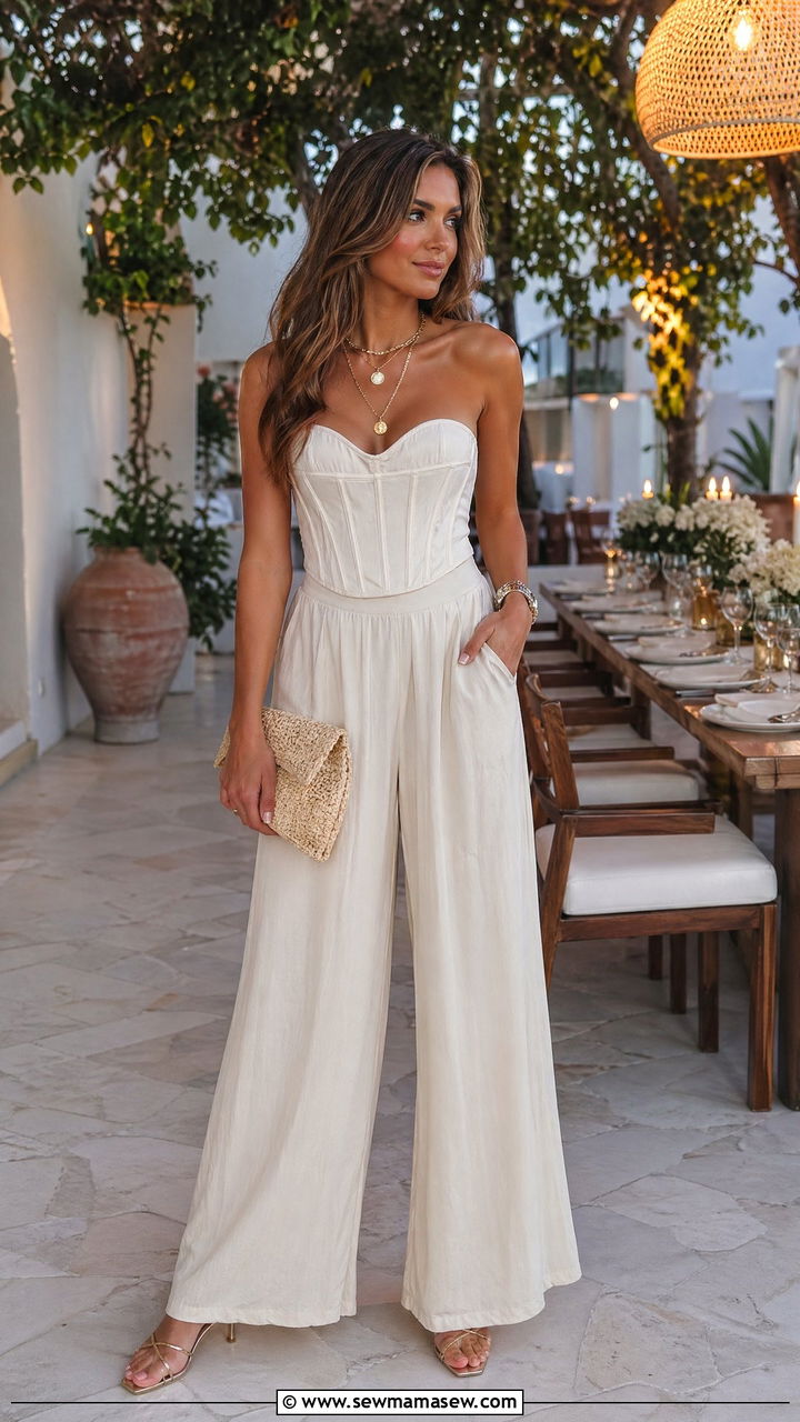 Summer Feminine Outfit with Corset Style Top and Flowy Wide Leg Pants - 35 summer feminine outfit ideas