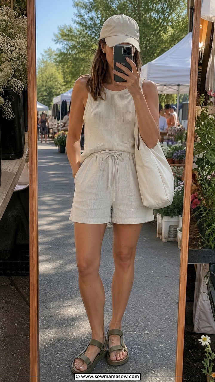 Summer Feminine Outfit with Knit Tank and Linen Drawstring Shorts - 35 summer feminine outfit ideas
