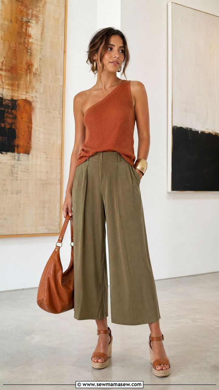 Summer Feminine Outfit with One Shoulder Knit Top and Culottes - 35 summer feminine outfit ideas