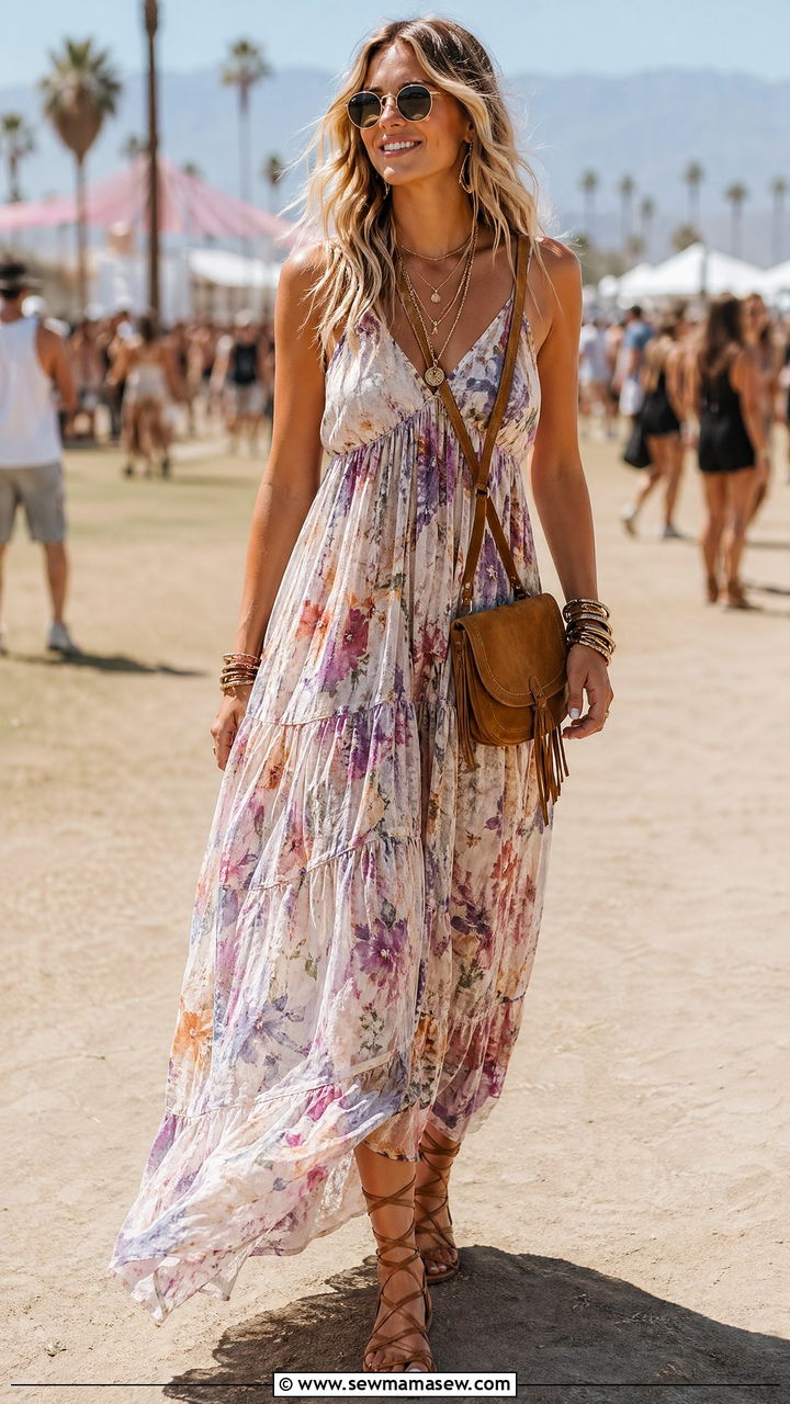 Summer Feminine Outfit with Tiered Maxi Sundress and Gladiator Sandals - 35 summer feminine outfit ideas