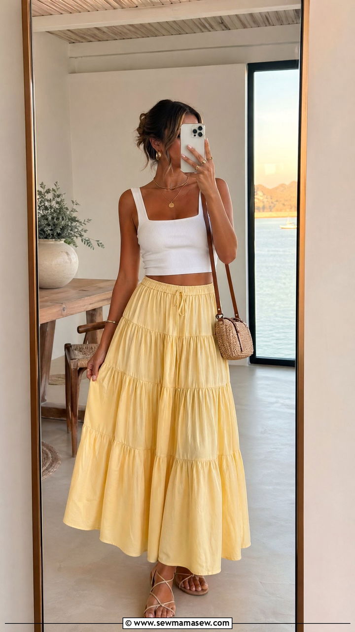 Summer Feminine Outfit with White Crop Top and Flowy Maxi Skirt - 35 summer feminine outfit ideas